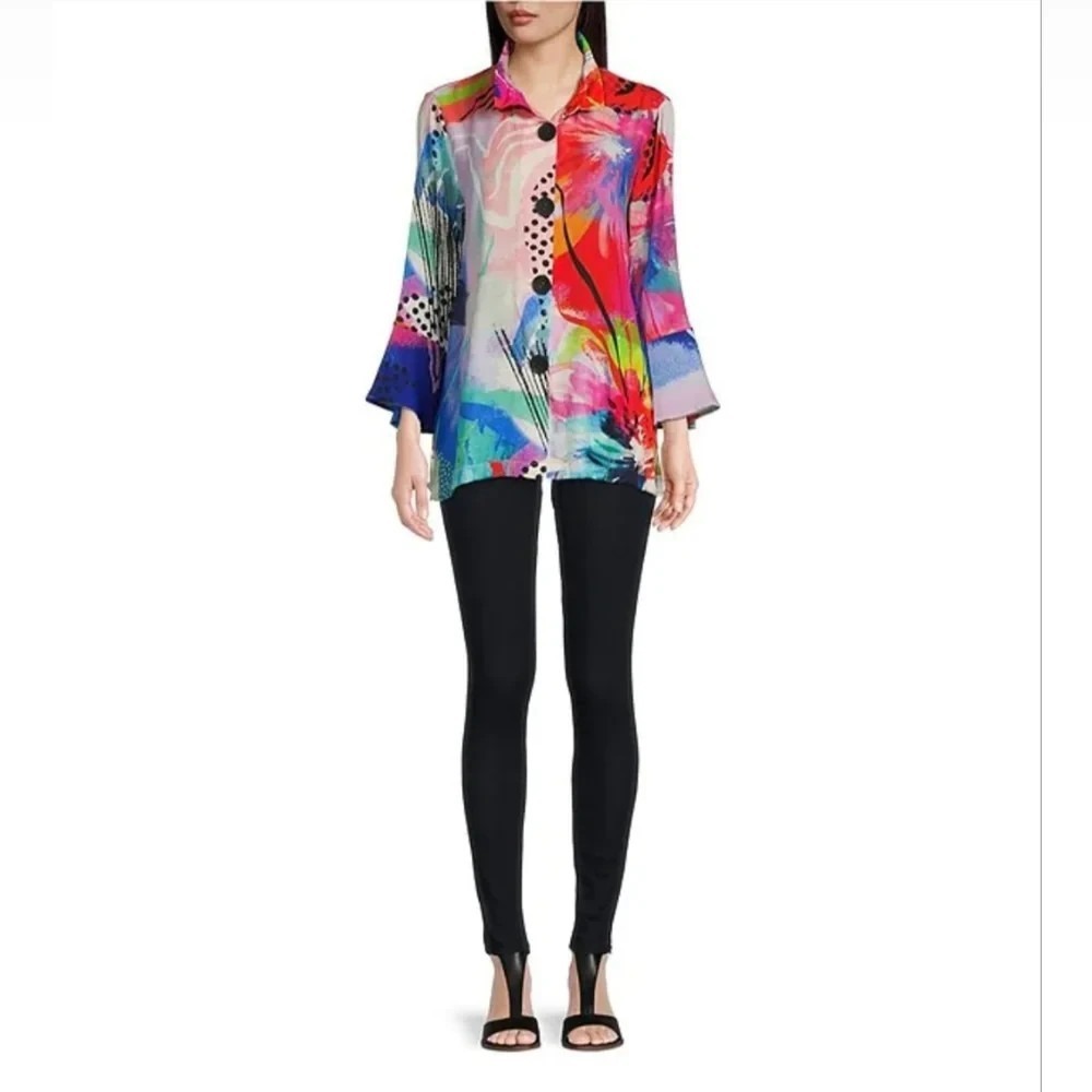 Ali Miles Mix Print Wearable Art to Wear Blouse Button Artsy Wired Collar Top M - Picture 13 of 13